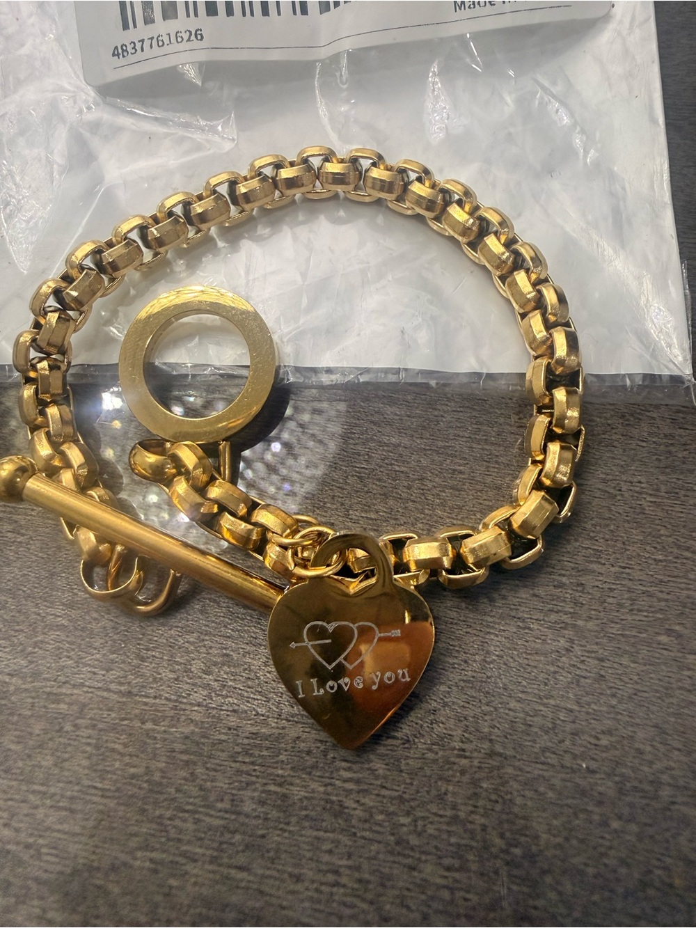 Gold Heart Toggle Bracelet - I Love You Pendant